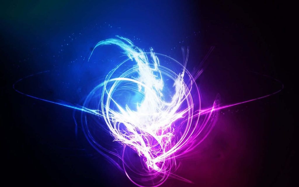 Neon digital art wallpaper with blue magenta swirls and bright white core on black background