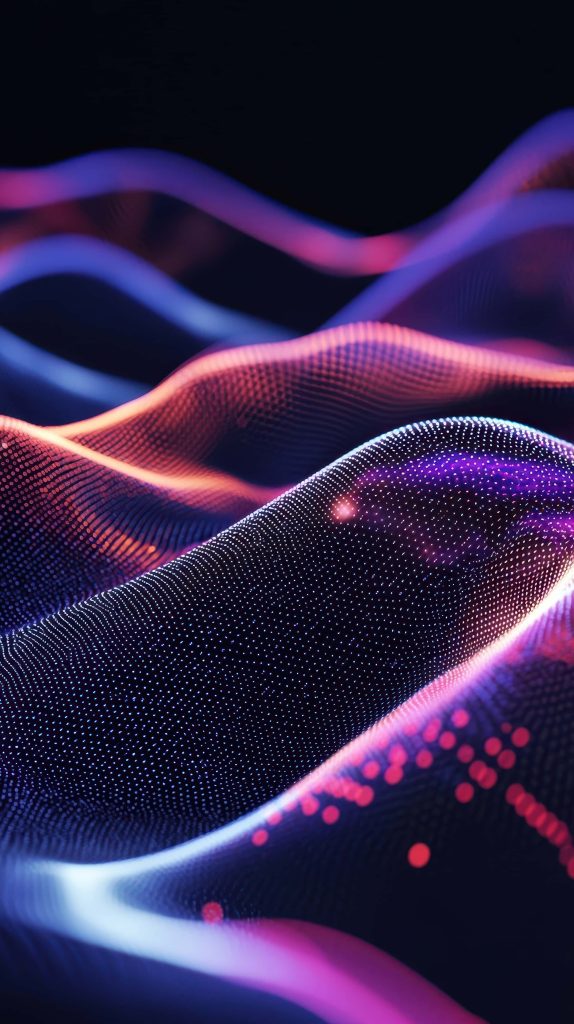 Futuristic neon wave pattern wallpaper with glowing purple blue landscape and vibrant orange accents