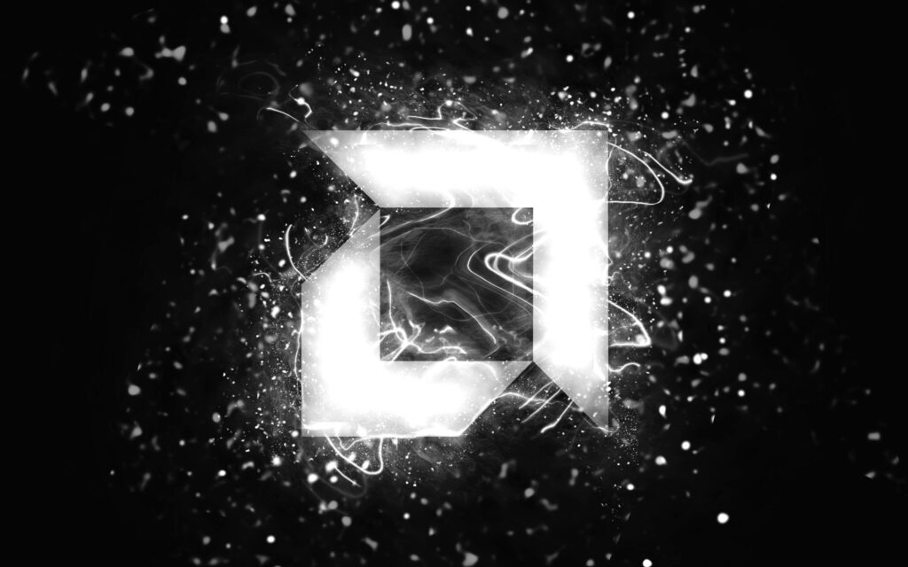 Glowing neon white AMD logo on dark starry background with swirling light effects wallpaper