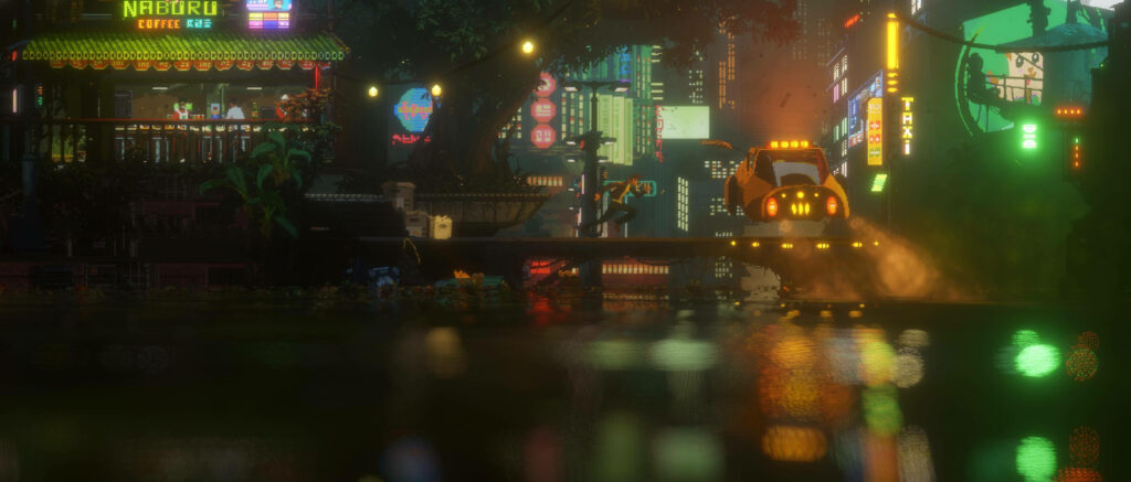 Cyberpunk Cityscape - Nighttime Car and Store in Ultrawide Perspective Wallpaper