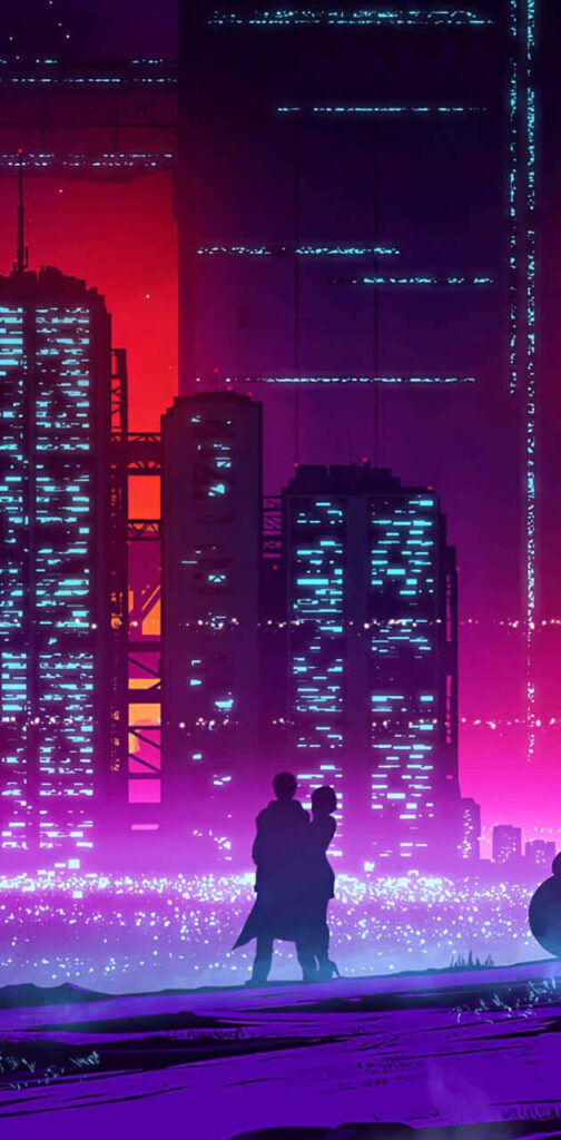 Nightfall Transformations: Vibrant Synthwave Cityscape Illuminated by Neon and Pastel Lights Wallpaper