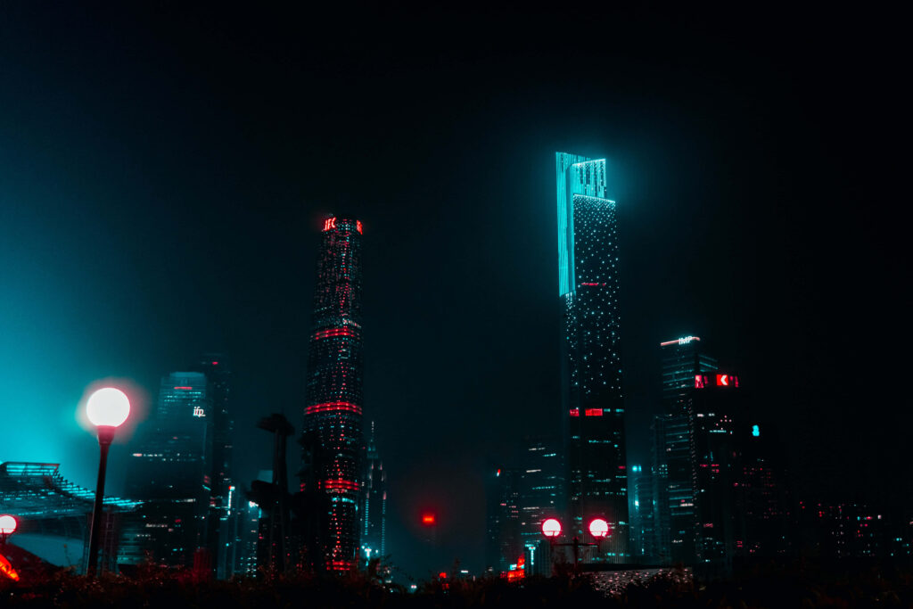 Futuristic Nightscape Wallpaper: Neon City Lights & Urban Aesthetic