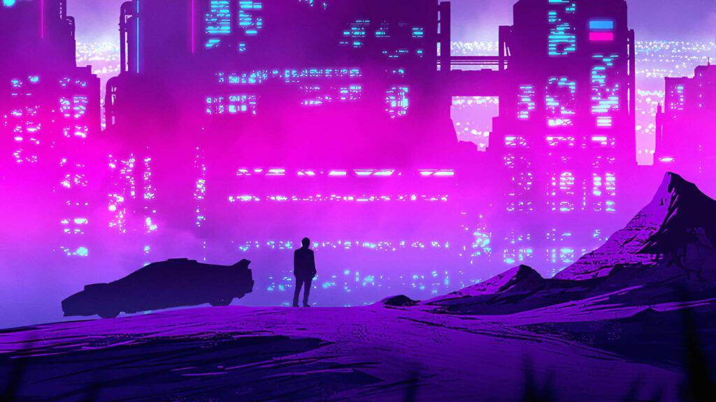 Synthwave City: A Dazzling Utopia of Futuristic Neon and Mesmerizing Laser Light Spectacle Wallpaper