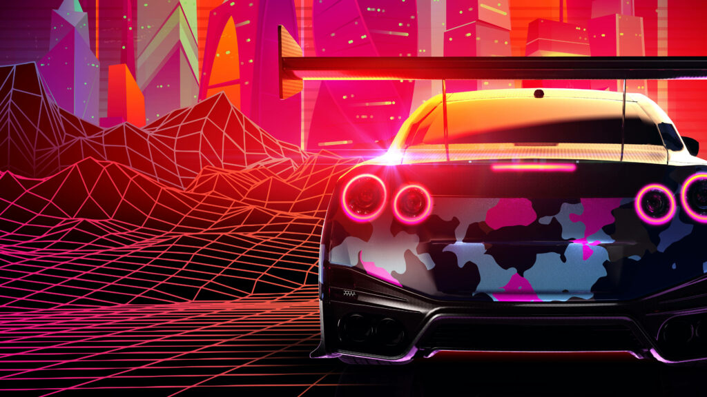 Futuristic Nissan GT-R Wallpaper: Neon City & Abstract Camo Design