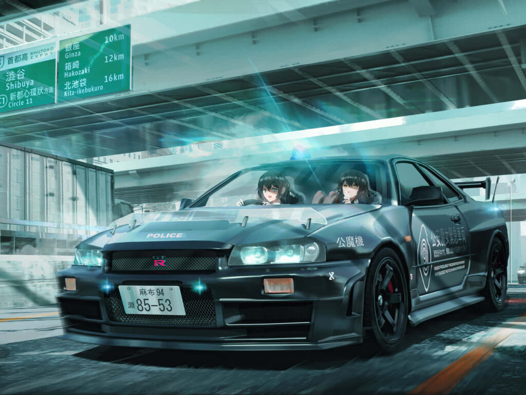 Futuristic Nissan R33 GTR Police Car Wallpaper with Anime Characters