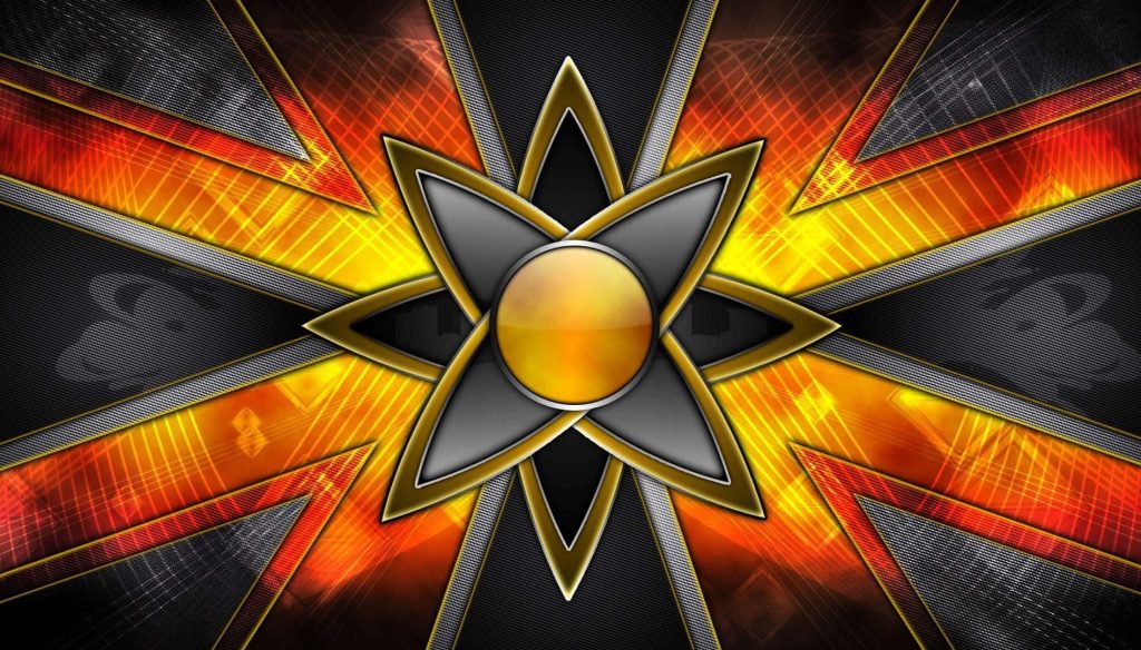 Futuristic glowing orange sphere on metallic starburst with dark grid abstract GFX wallpaper