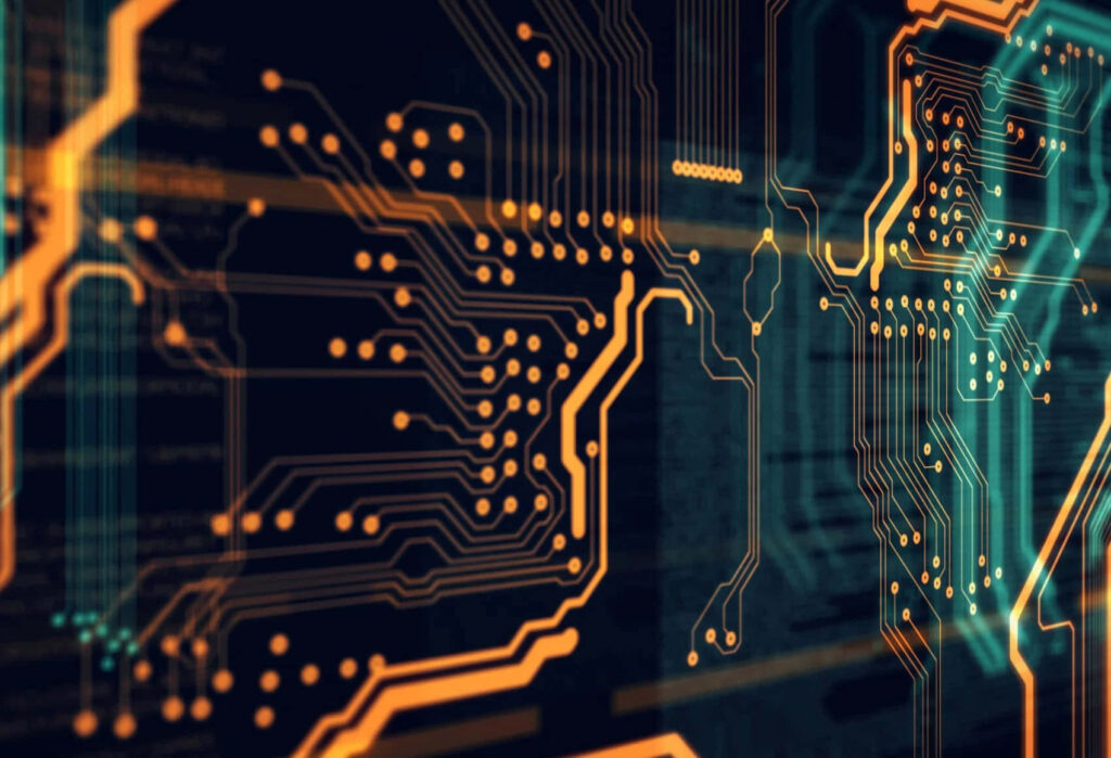 Intricate Orange & Teal Futuristic Circuit Wallpaper Background