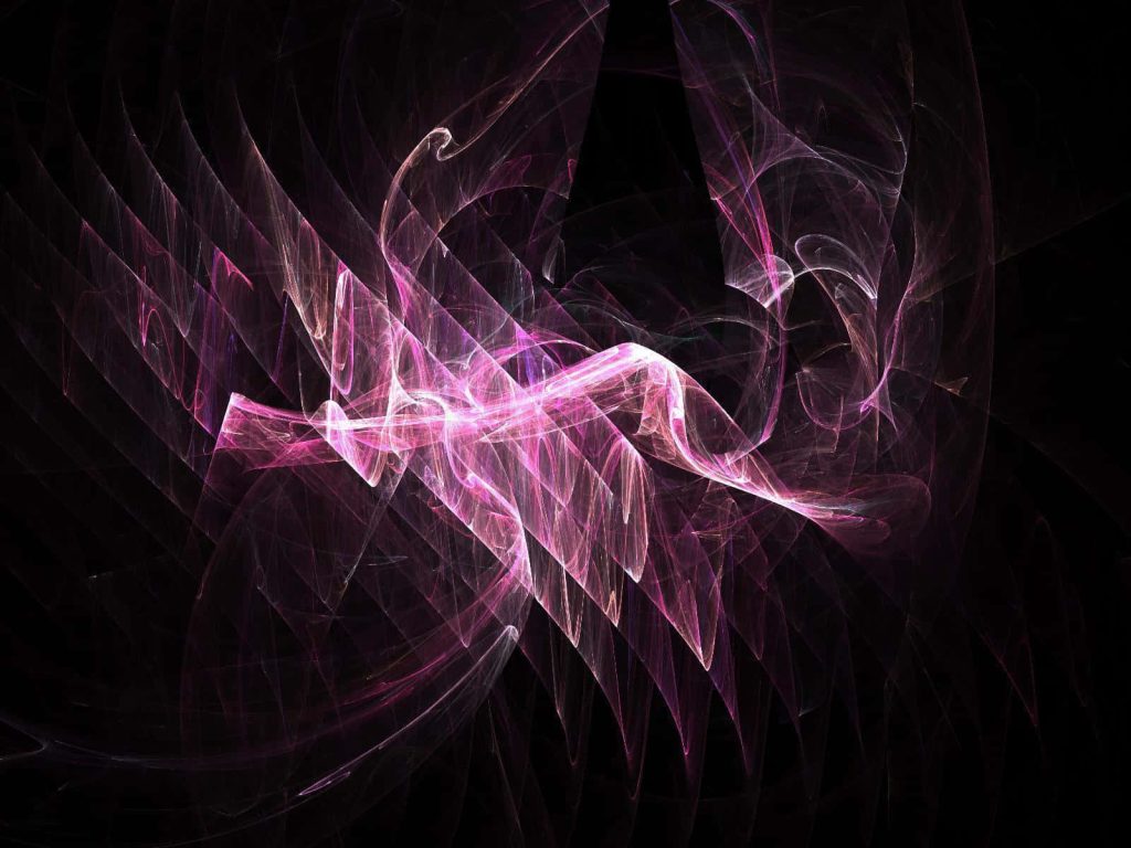 Abstract digital wallpaper with vibrant pink glowing lines and smoky fractal shapes on black