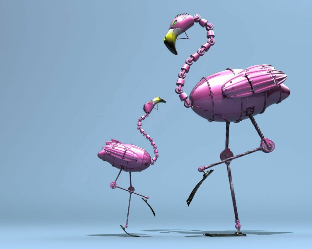 Futuristic Pink Robotic Flamingos Wallpaper - Tech Meets Nature
