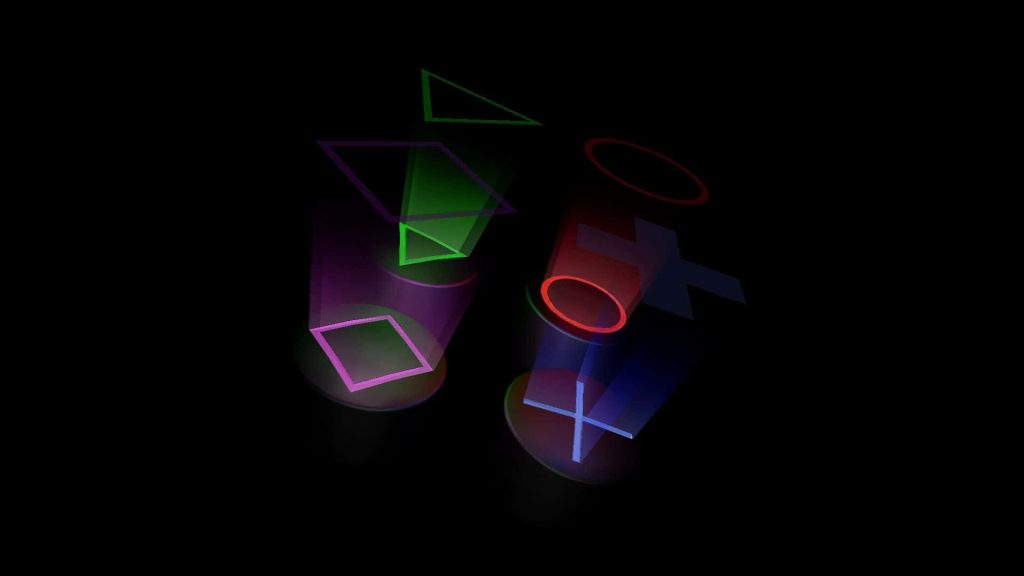 PlayStation controller symbols neon holographic wallpaper glowing triangle circle square cross