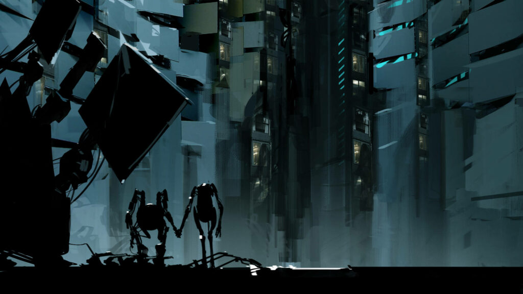 Futuristic Portal 2 Wallpaper: Iconic Machines in Industrial Mystery