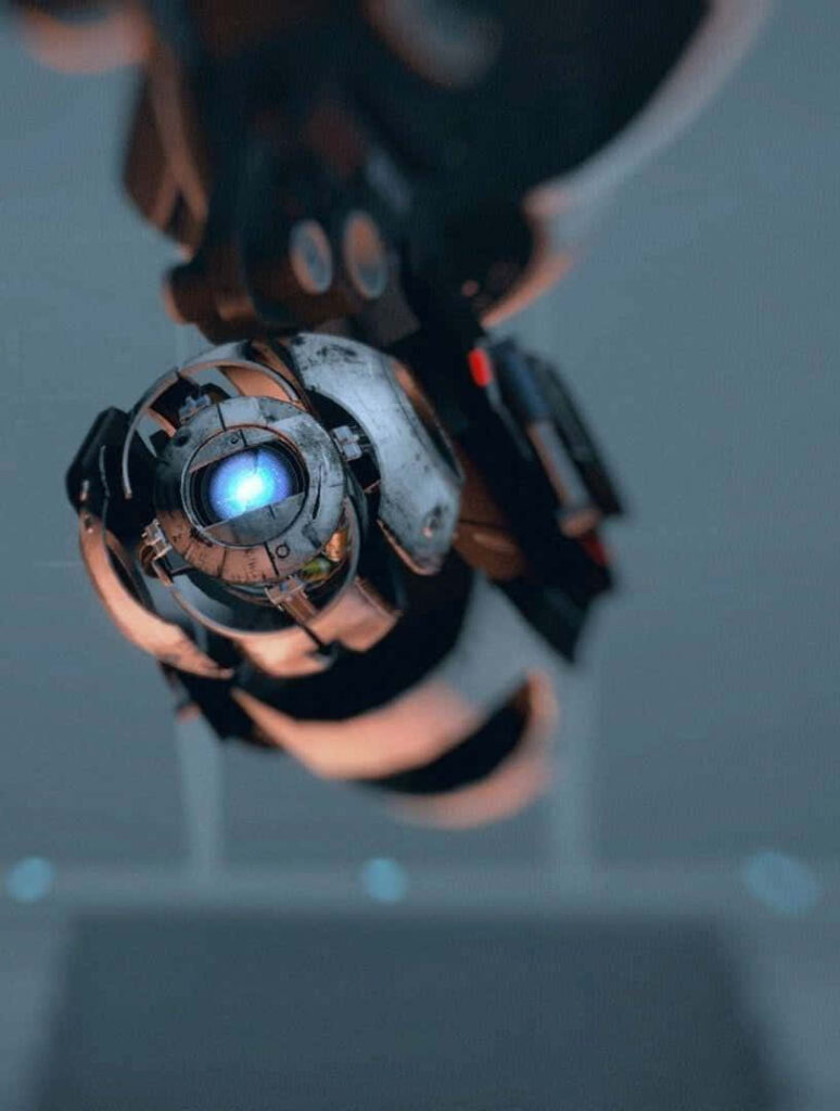 Futuristic *Portal 2* Robotic Eye Wallpaper with Blue Glow