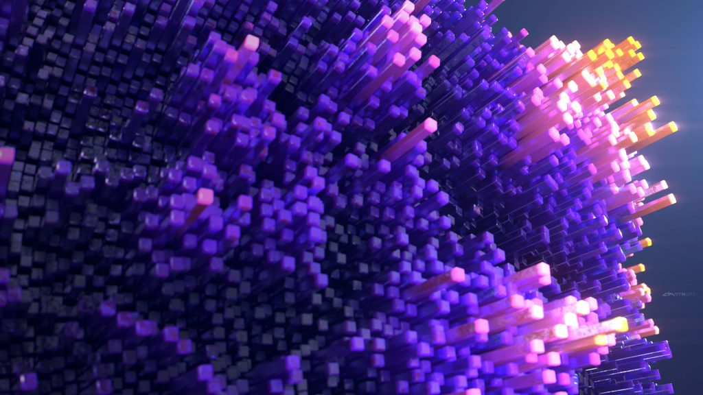 Futuristic 3D purple wallpaper with vertical cubes and glowing golden orange tips background