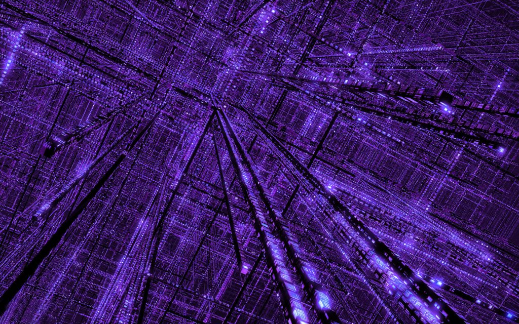 Futuristic purple 3D grid wallpaper with glowing violet beams and deep black shadows background