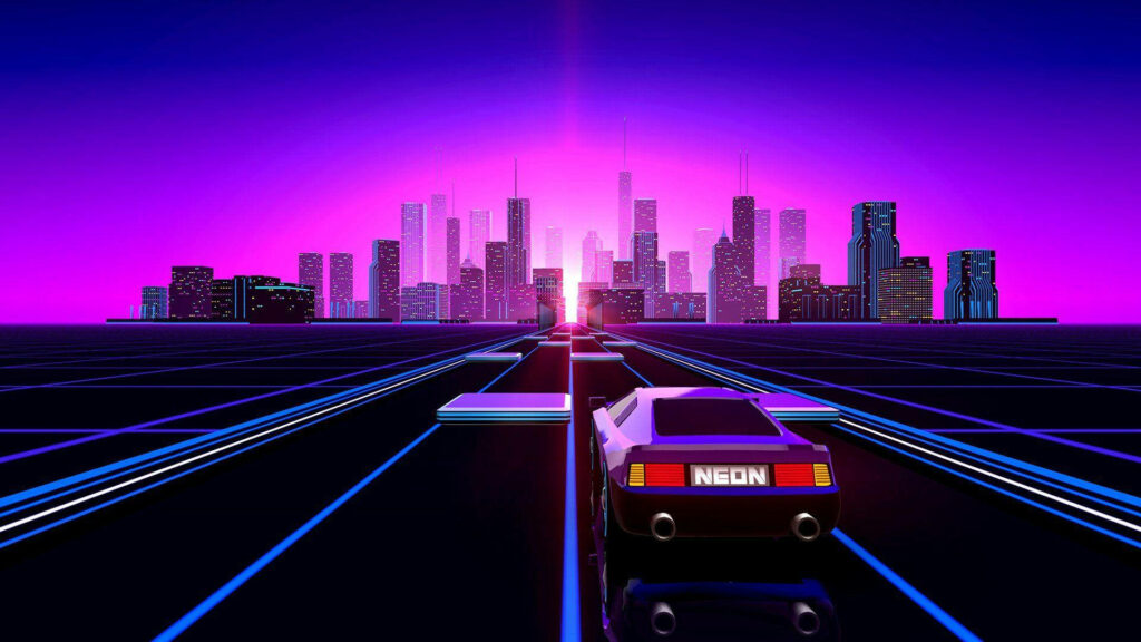Sleek purple car speeding on futuristic highway toward glowing neon pink city skyline at night Wallpaper