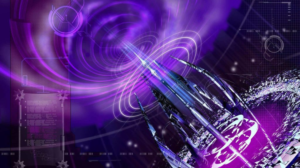 Futuristic metallic structure with vibrant energy rings and glowing sci-fi lights purple wallpaper