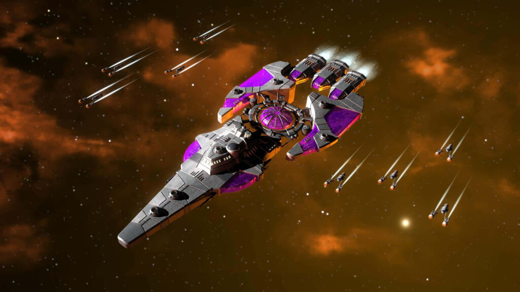 Futuristic Purple Spaceship Wallpaper Against Glowing Orange Nebula
