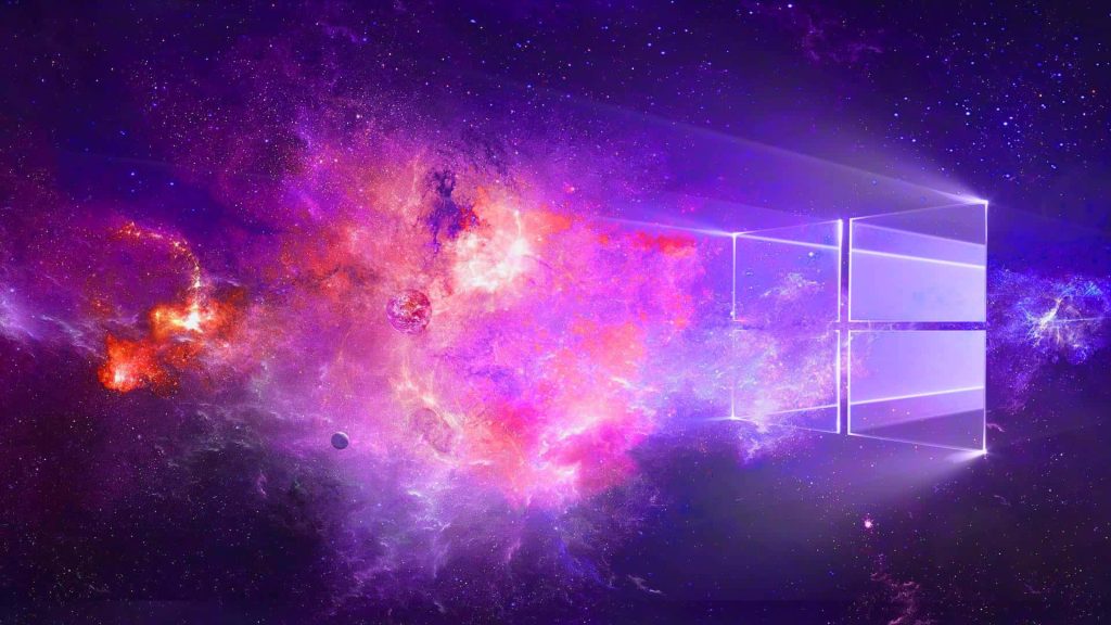 Futuristic purple Windows logo glowing in vibrant cosmic nebula digital art wallpaper background