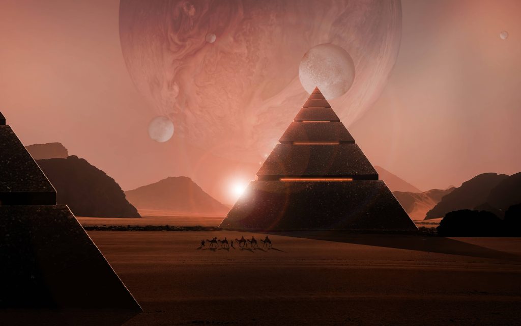 Futuristic desert pyramid at sunset with camel riders under giant planets cosmic sci-fi wallpaper