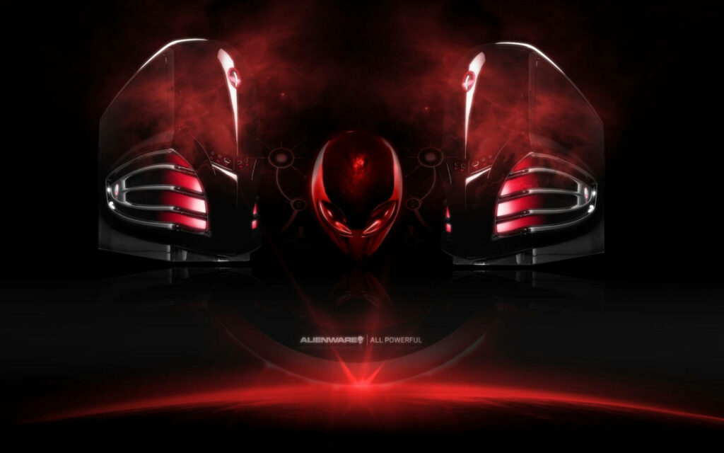 Futuristic Alienware logo with bold red lighting and high-tech computer tower design wallpaper