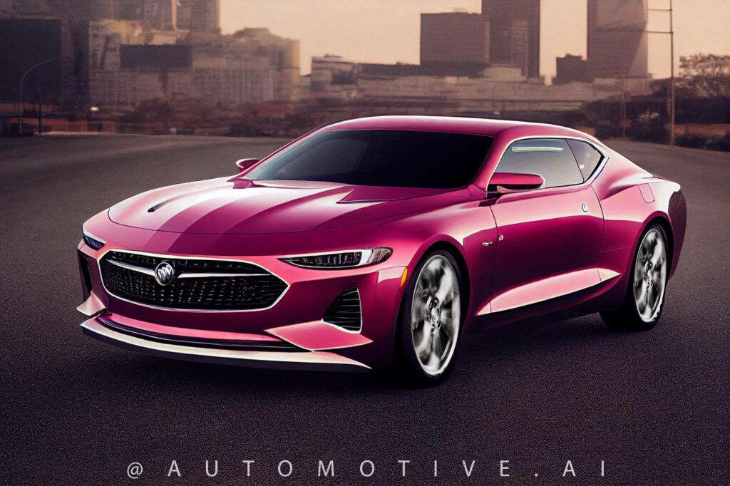 Futuristic red chrome Buick Riviera with sleek curves on empty city street urban skyline background Wallpaper