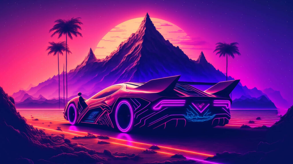Futuristic red sports car with neon lights on road at vibrant sunset palm trees mountains 4K wallpaper