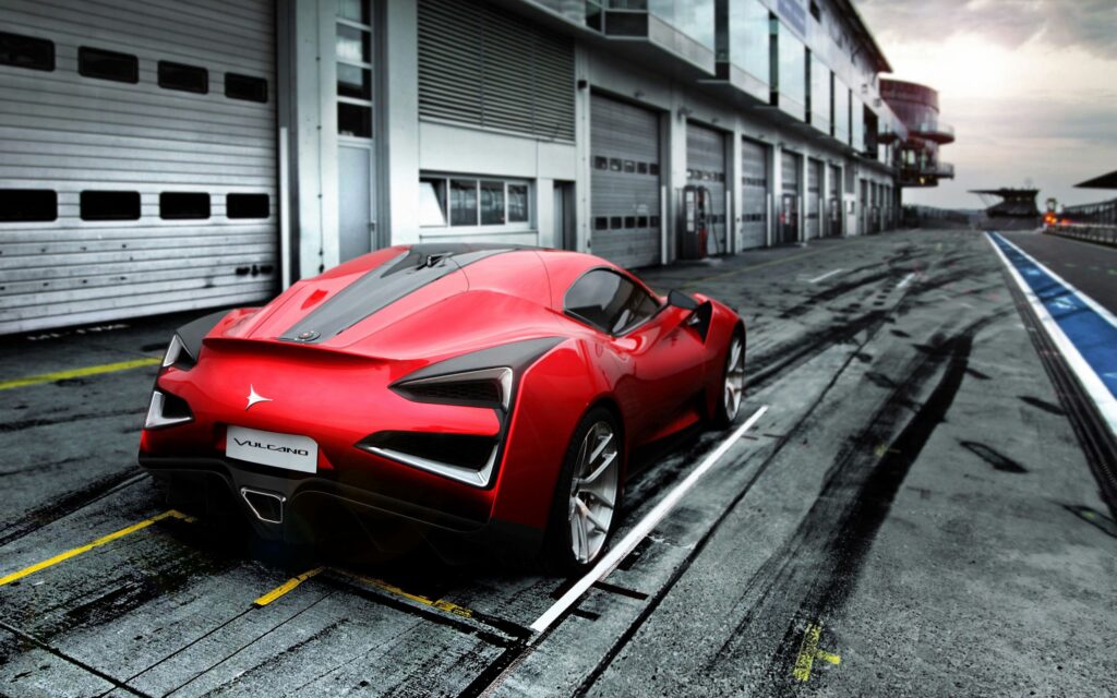 Futuristic Red Sports Car Vulcano on Deserted Racetrack Wallpaper