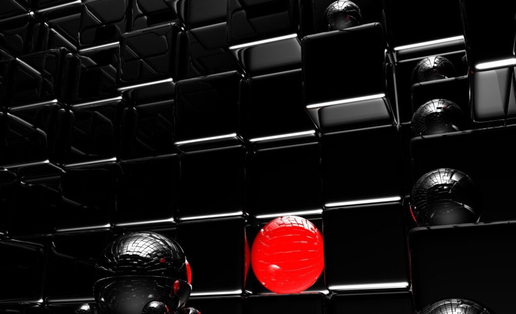 Futuristic Reflective Wallpaper with Black Cubes and Red Accent