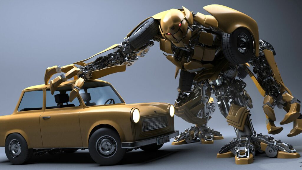 Futuristic Robot Grips Vintage Yellow Car – Stunning HD Wallpaper