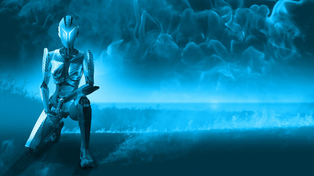 Robotic Guardian: Surreal Mist Embraces Blue Landscape in Stunning 3D 4K Background Photograph Wallpaper