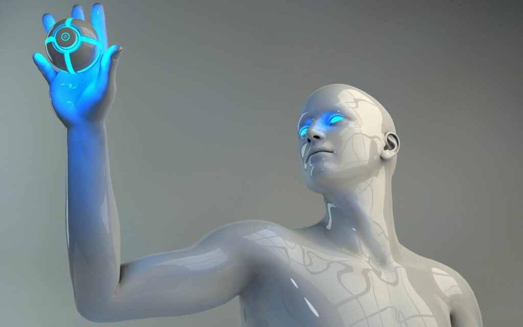 Futuristic Robot Mannequin Wallpaper with Neon Blue Highlights