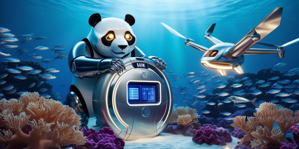 Futuristic robot panda using underwater bank machine amid vibrant coral reef and fish wallpaper