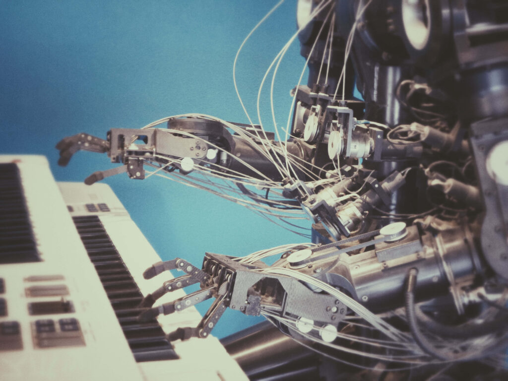 Futuristic Robot Playing Piano: Tech & Music Fusion Wallpaper