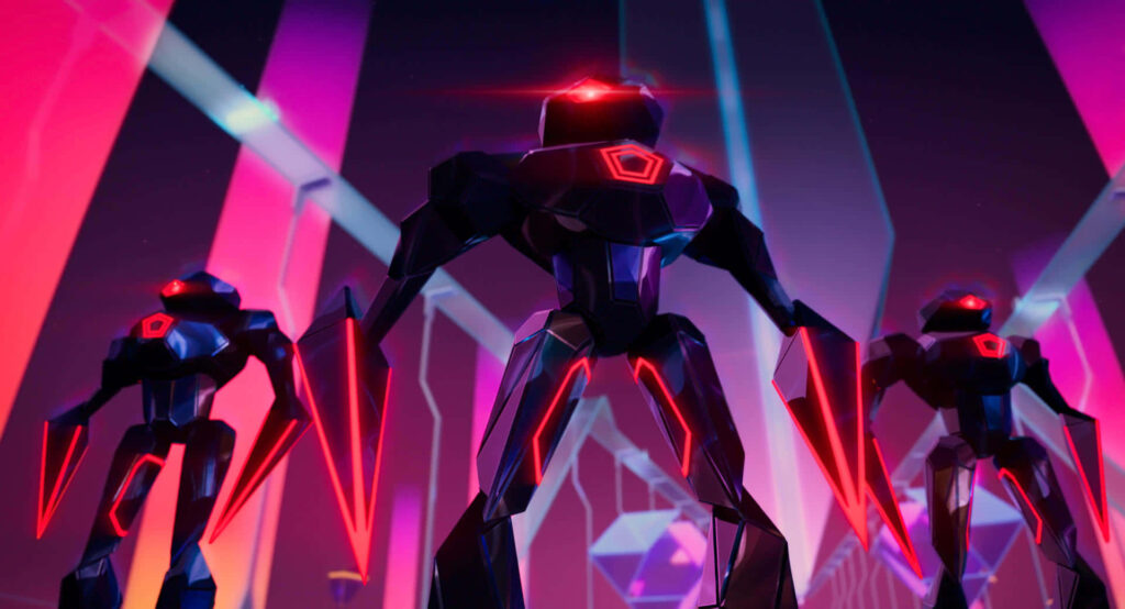 Futuristic Robot Sentinels Wallpaper: Neon Accents & High-Tech Design