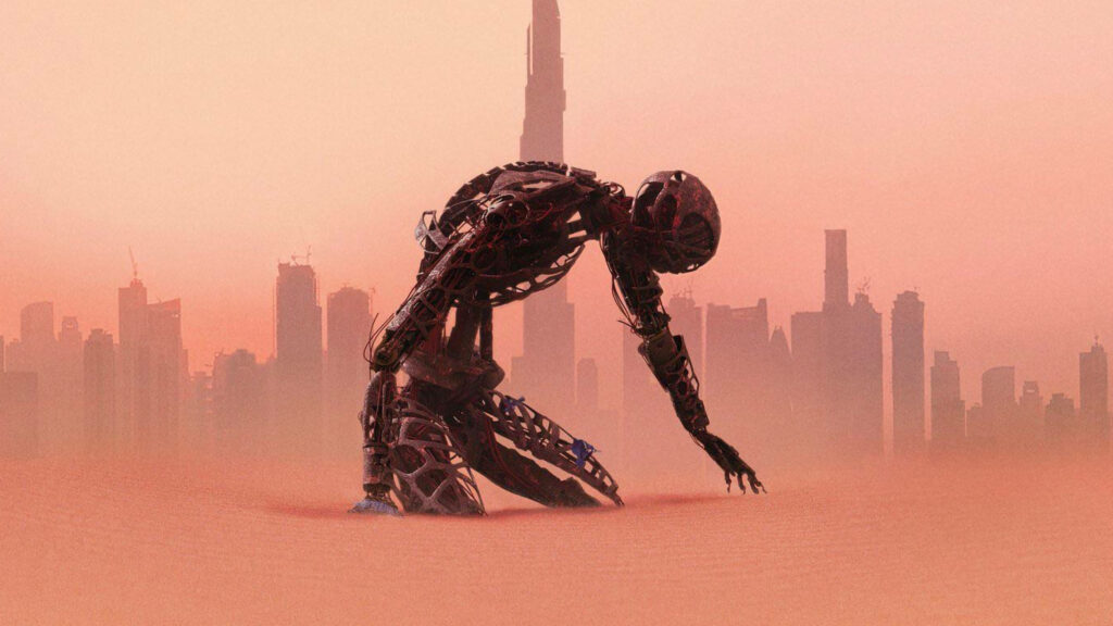 Futuristic Robot in Desert: Westworld-Inspired Wallpaper Background
