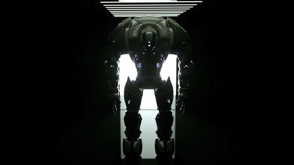 Futuristic Robot Wallpaper: Sleek Design in High-Tech Dim Lighting