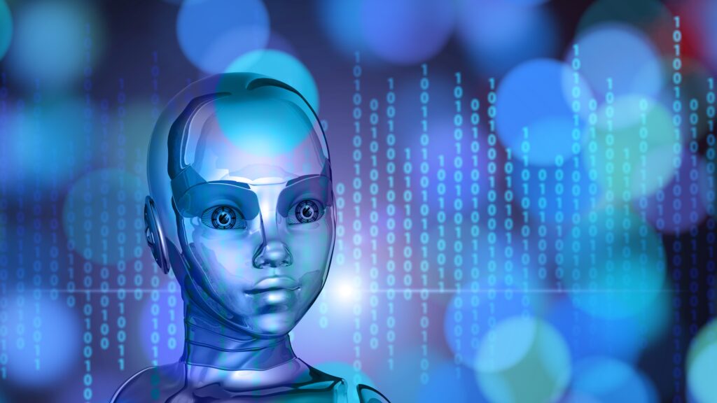 Futuristic Robot Wallpaper with Binary Code & Bokeh Effects