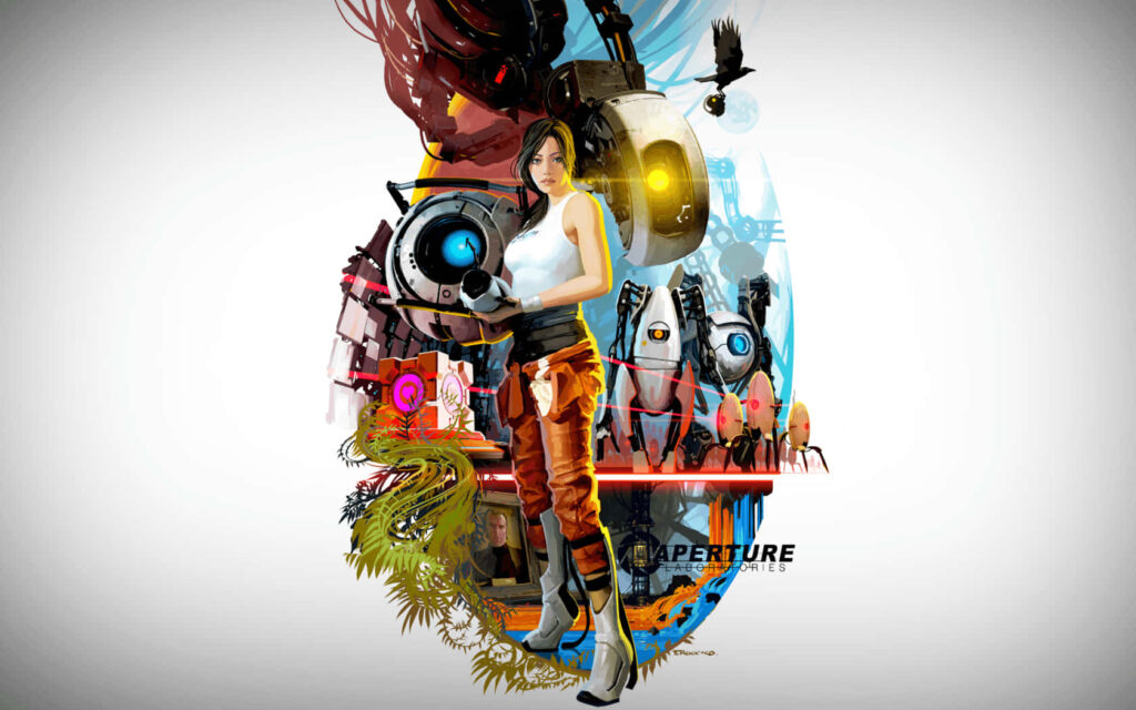 Vibrant Sci-Fi Wallpaper: Woman, Robot & Aperture Science Theme