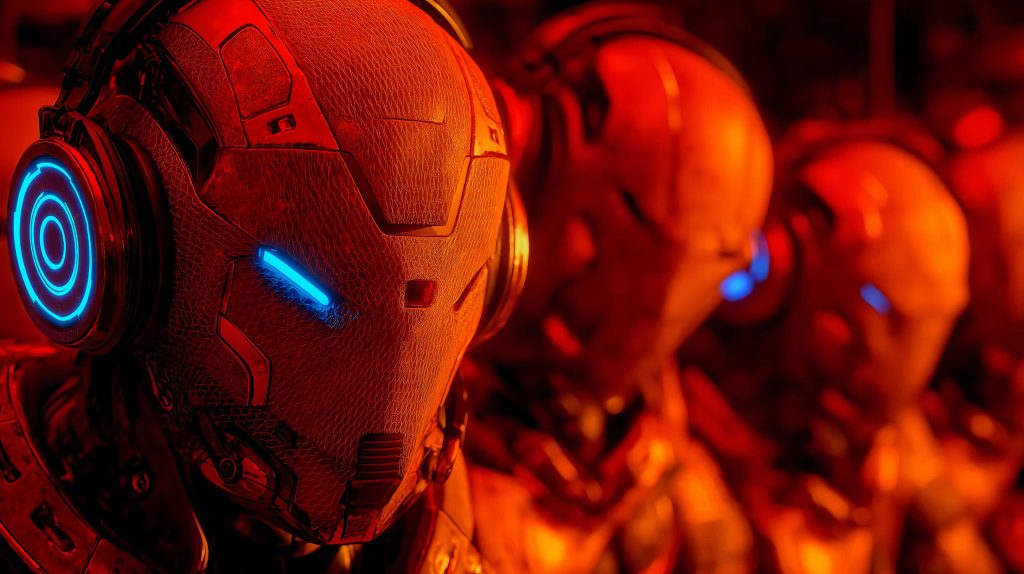 Row of futuristic robotic sentinels with glowing blue visors in intense red sci-fi wallpaper background