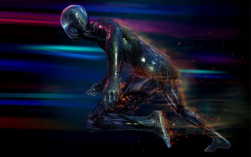 Futuristic Robot Running Wallpaper with Vibrant, Abstract Background