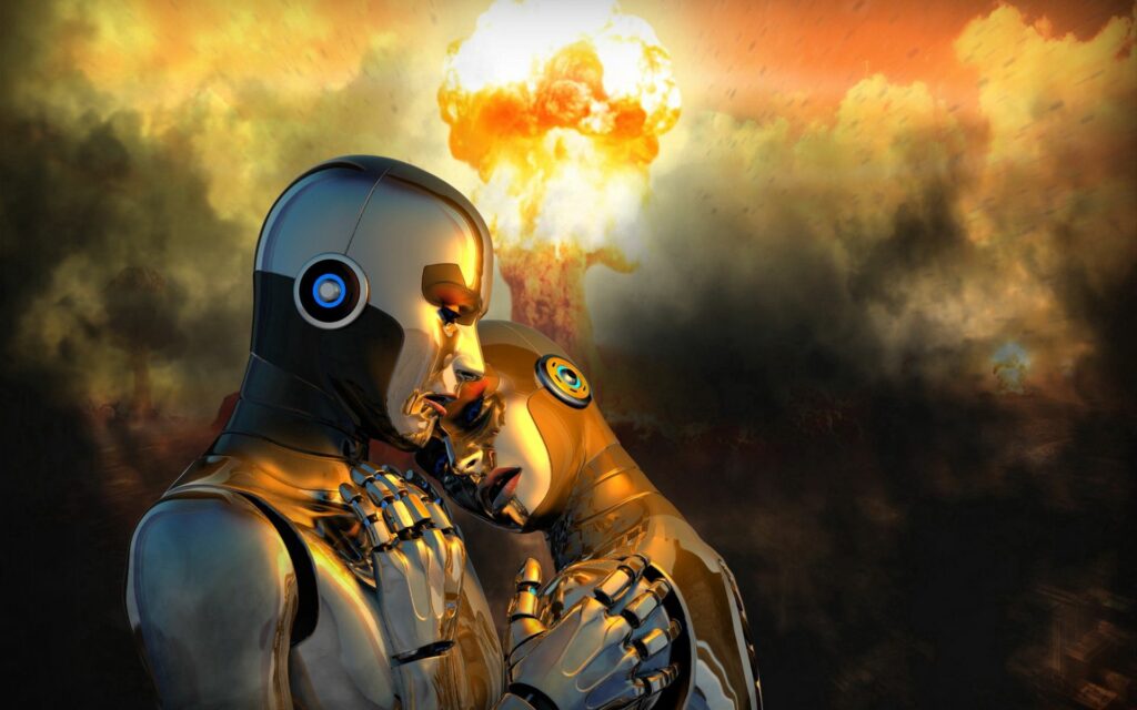 Futuristic Robots Embracing Amidst Explosive Background - 1920x1200 Wallpaper