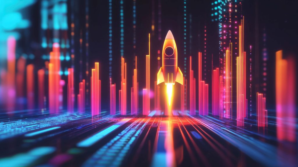 Futuristic rocket launching through neon cyber data charts in vibrant red orange blue wallpaper