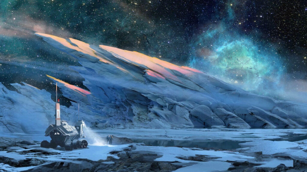 Futuristic rover exploring icy alien planet surface beneath vibrant star-filled sky Starfield wallpaper