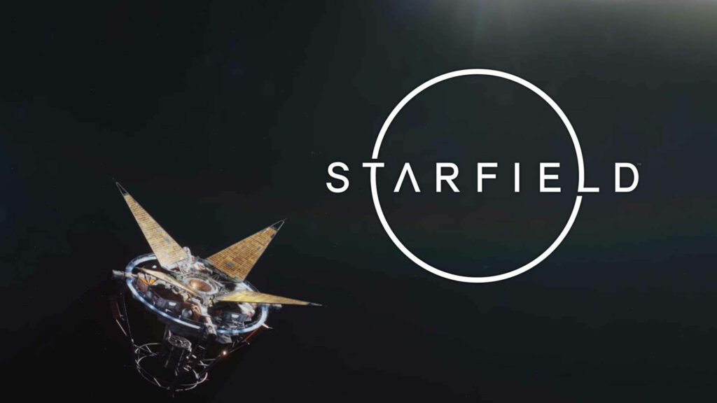 Futuristic satellite drifting in space with Starfield logo on dark cosmic wallpaper background
