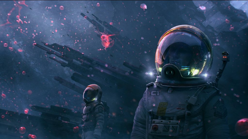 Two astronauts explore dark abyss with floating red orbs and metallic debris sci-fi wallpaper