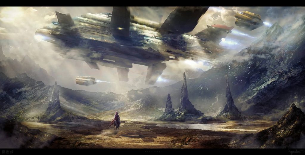 Futuristic sci-fi landscape with lone rider on rocky terrain and massive airship overhead wallpaper