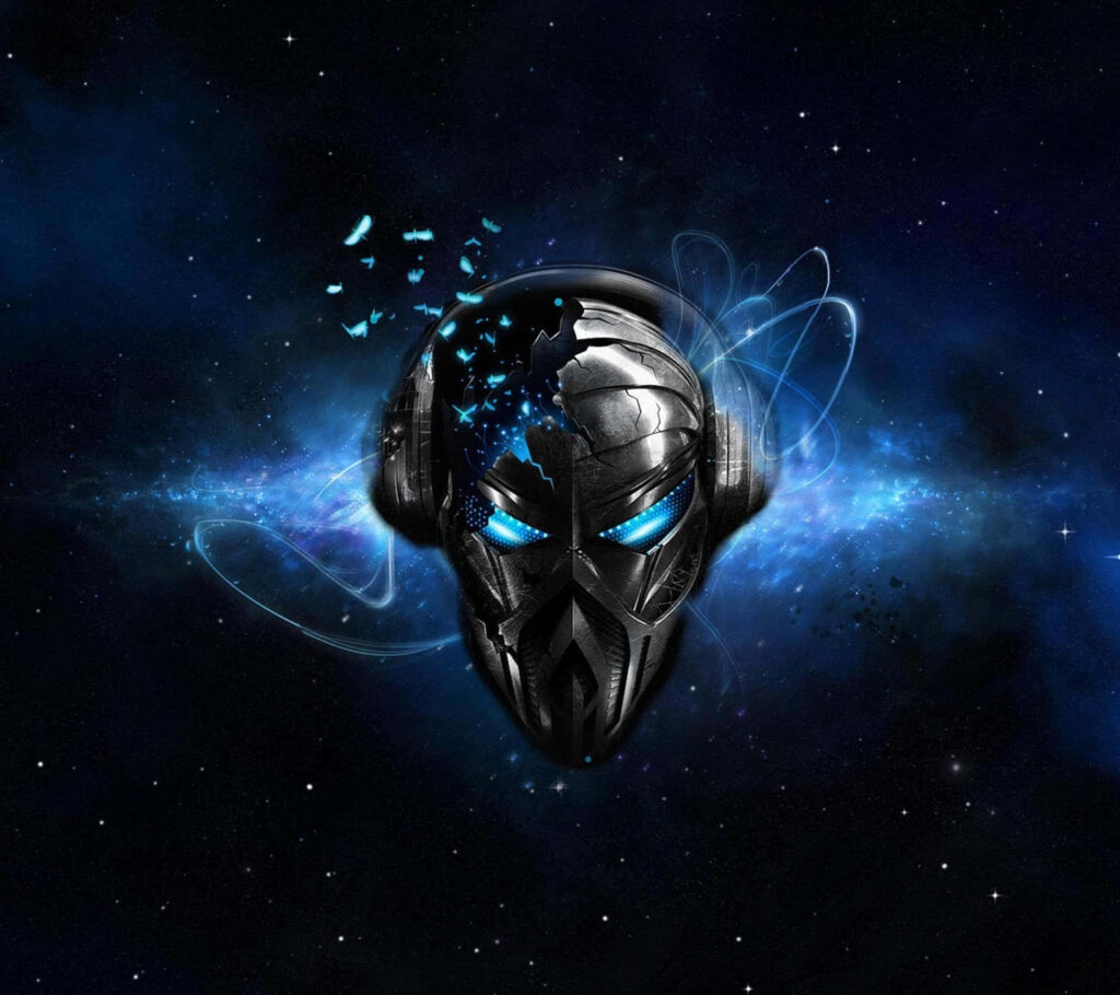 Futuristic Sci-Fi Wallpaper: Glowing Robot Mask & Cosmic Background