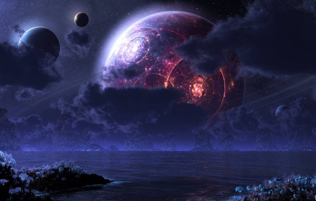 Futuristic sci fi landscape with glowing blue alien plants dark sea and luminous ringed planet Wallpaper