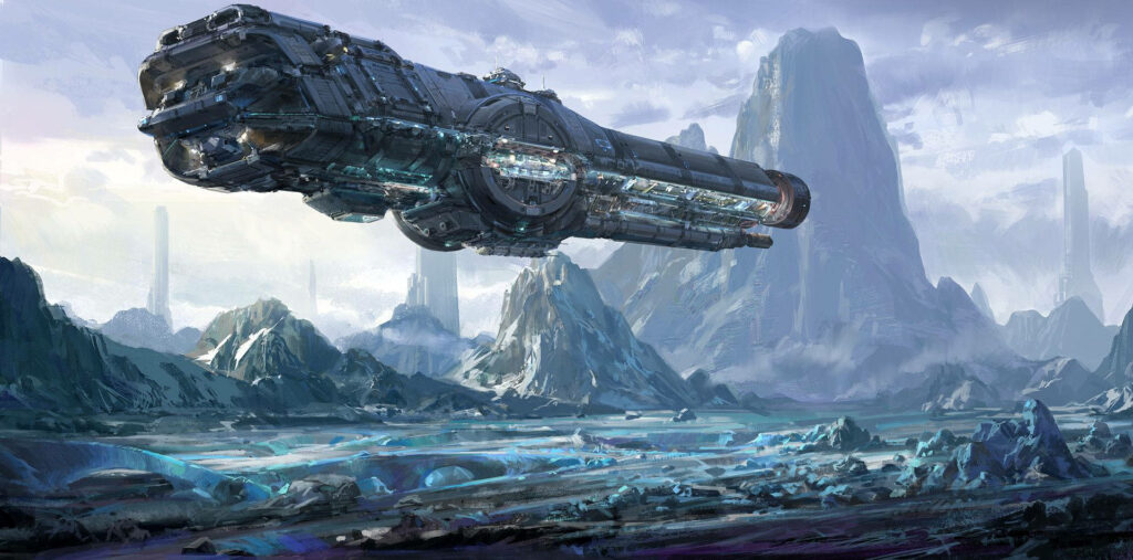 Futuristic Sci-Fi Wallpaper: Massive Spaceship Over Rugged Mountains