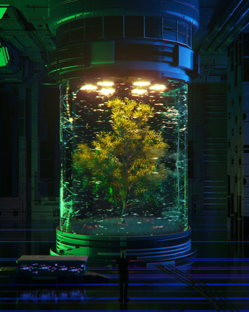 Vibrant Sci-Fi Tree Wallpaper: High-Tech Glass Cylinder Scene